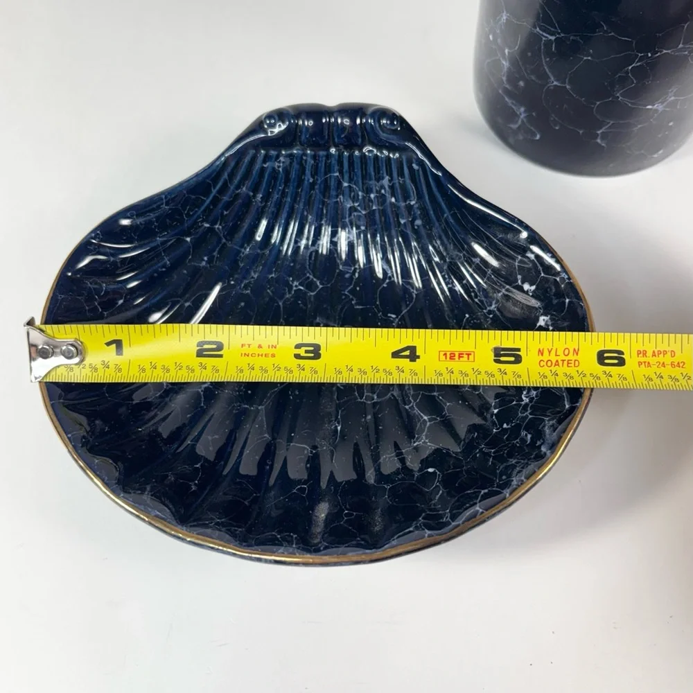 Vtg Ceramic Blue Mirabel Gold Accent Sea Clam‎ Soap Dish Lidded Jar Bathroom Set